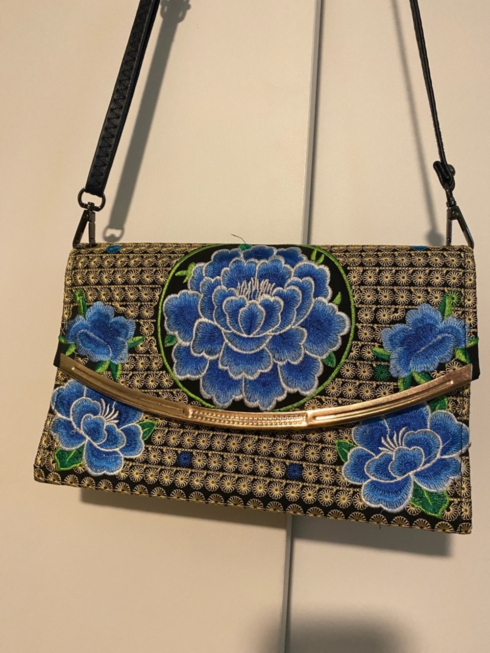 Embroidered Floral Crossbody Bag - Blue, gold and black.